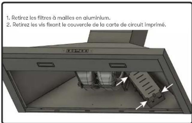 1. Retirez les filtres à mailles en aluminium. 2. Retirez les vis fixant le couvercle de la carte de circuit imprimé.