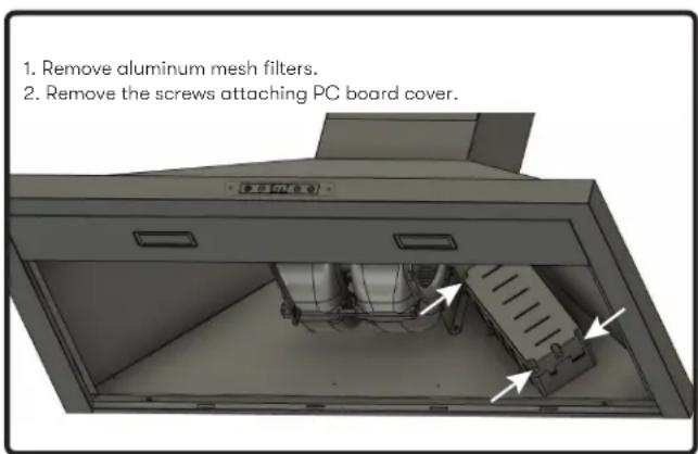1. Remove aluminum mesh filters. 2. Remove the screws attaching PC board cover.