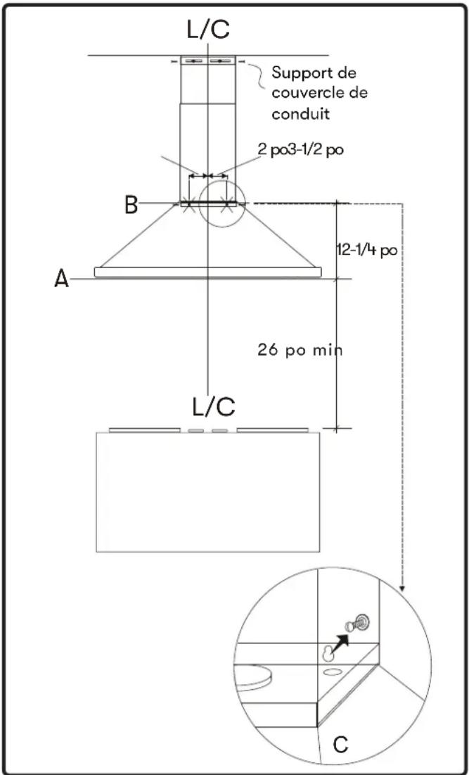 L/C Support de couvercle de conduit 2 po3-1/2 po B A 12-1/4 po 26 po min L/C C