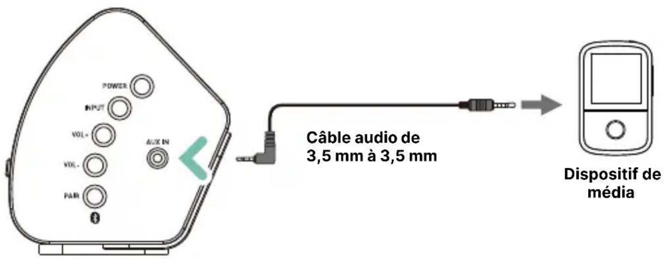 POWER INPUT VOL- VOL- AUX IN PAR Câble audio de 3,5 mm à 3,5 mm Dispositif de média