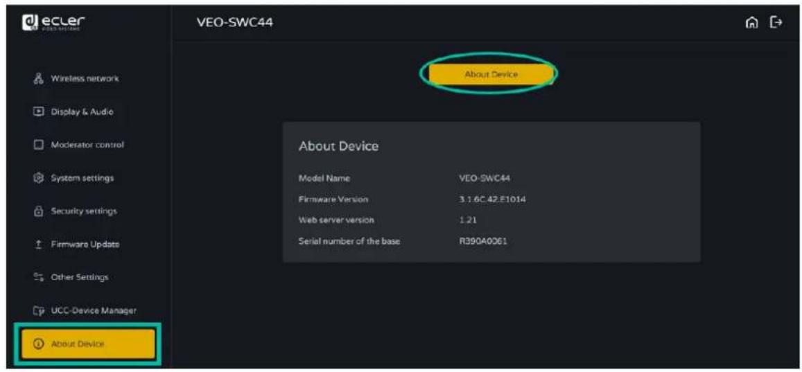 Ecler VEO-SWC44TH - About Device (Infos sur l'appareil) - 1