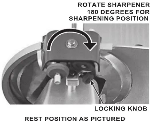 ROTATE SHARPENER 180 DEGREES FOR SHARPENING POSITION LOCKING KNOB REST POSITION AS PICTURED