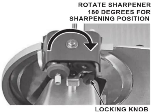 ROTATE SHARPENER 180 DEGREES FOR SHARPENING POSITION LOCKING KNOB