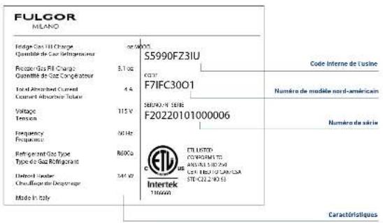 FULGOR MILANO Fridge Gas Fill Charge Quantile de Gas Refrigerator Recover Gas Fill Charge Quantile de Gas Conglétour Local Absorbed Current Current Absorbed Toler Voltage Tension Frequency Frequency Refrigerant Gas Type Type de Gas Refrigerant Distilled Heater Chamber of Deprisure Mode in Italy 5.1 oz 4.4 115 V 30 Hz 8600s 34 V S5990FZ3IU CGT7 F7IFC3001 SENO-V SEIE FZ0220101000006 CELUTTO CORPORATIS ANSI-1-1-2-2-2-2-2 CST-1-BIO-1-2-2-2-2-2- STC-22.2-NO-53 Intertek 116660 Code Interne de l'utive Numéro de modèle nord-américain Numéro de série Caractéristiques