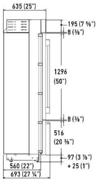 635 (25") 195 (7 5/8") 8 (3/8") 1296 (50") 8 (3/8") 516 (20 3/8") 97 (3 7/8") + 25 (1") 560 (22") 693 (27 1/4")