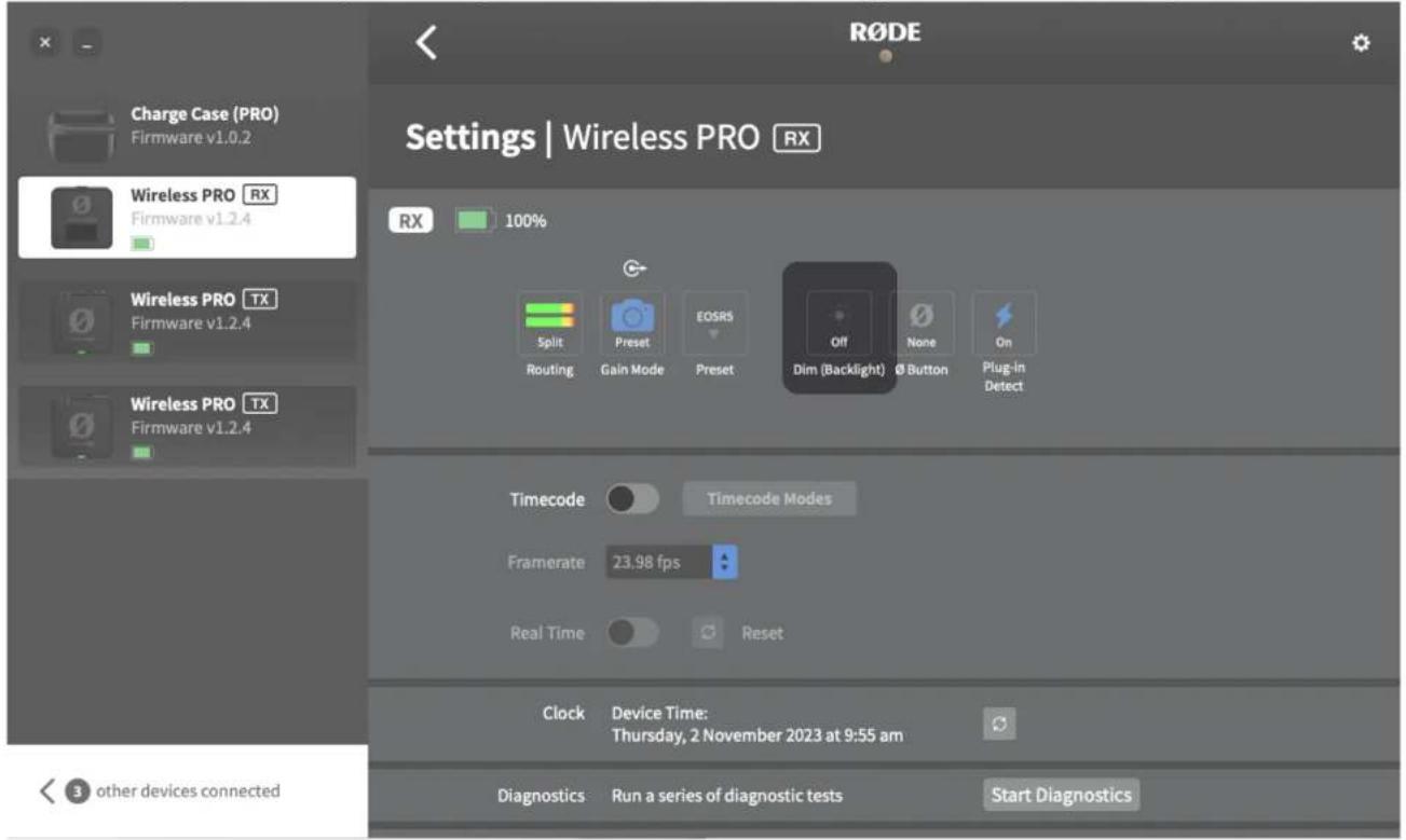 Røde Wireless PRO - Configuring Backlight and LED Dimming - 1