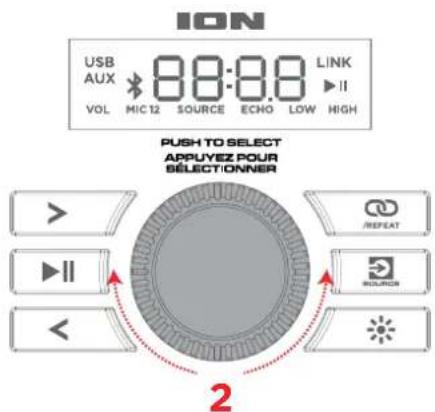 ION USB AUX 88-8.8 LINK VOL MIC 12 SOURCE ECHO LOW HIGH PUSH TO SELECT APPUYEZ POUR SELECTION ONNER > /REPEAT > || < 2 SOURCE