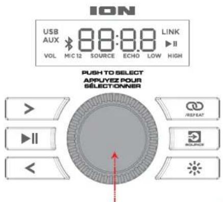ION USB AUX VOL MIC 12 SOURCE ECHO LOW HIGH LINK I PUSH TO SELECT APPUYEZ POUR SÉLECTIONNER REPEAT RELATION