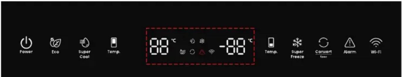 Power Eco Super Cool Temp. 88 °C -88 °C Temp. Super Freeze Convert time Alarm Wi-Fi