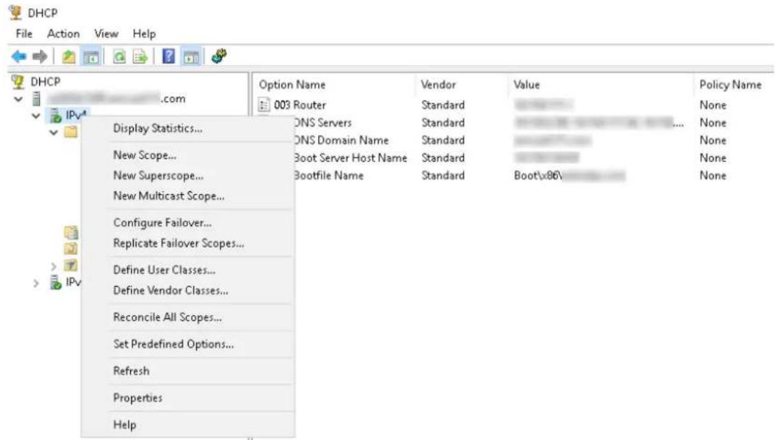 DHCP File Action View Help DHCP .com Option Name 003 Router Vendor Standard Value None Display Statistics... DNS Servers Standard None DNS Domain Name Standard None New Scope... Boot Server Host Name Standard None New Superscope... Bootfile Name Standard Boot\x86\ None New Multicast Scope... Configure Failover... Replicate Failover Scopes... Define User Classes... Define Vendor Classes... Reconcile All Scopes... Set Predefined Options... Refresh Properties Help
