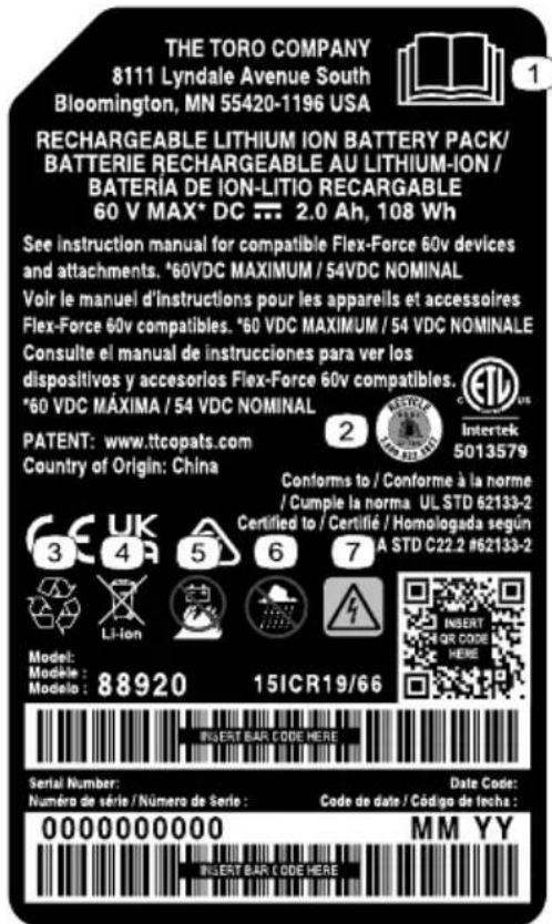 THE TORO COMPANY 8111 Lyndale Avenue South Bloomington, MN 55420-1196 USA RECHARGEABLE LITHIUM ION BATTERY PACK/ BATTERIE RECHARGEABLE AU LITHIUM-ION / BATERIA DE ION-LITIO RECARGABLE 60 V MAX* DC = 2.0 Ah, 108 Wh See instruction manual for compatible Flex-Force 60v devices and attachments, *60VDC MAXIMUM / 54VDC NOMINAL Voir le manuel d'instructions pour les appareils et accessoires Flex-Force 60v compatibles. *60 VDC MAXIMUM / 54 VDC NOMINALE Consulte el manual de instrucciones para ver los dispositivos y accesorios Flex-Force 60v compatibles. *60 VDC MÁXIMA / 54 VDC NOMINAL PATENT: www.ttcopats.com Country of Origin: China Conforms to / Conforme à la norme / Cumple la norma: UL STD 62133-2 Certified to / Certifié / Homologada según 7 A STD C22.2 #62133-2 Model: Modele: Modelo: 88920 15ICR19/66 INSERT BAR CODE HERE Serial Number: Numéro de série / Número de Série : Date Code: Code de date / Código de fecha : 0000000000 MM YY INSERT BAR CODE HERE