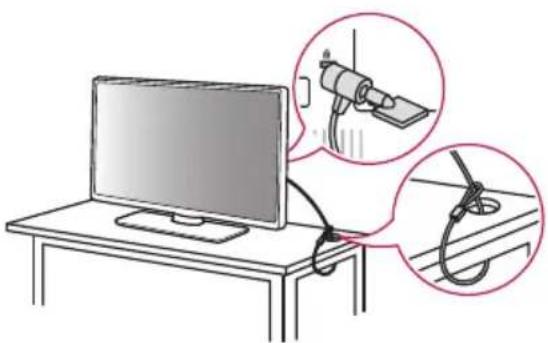 Illustration of a computer setup with a magnified view showing a cable being inserted into a device (no text or symbols present)