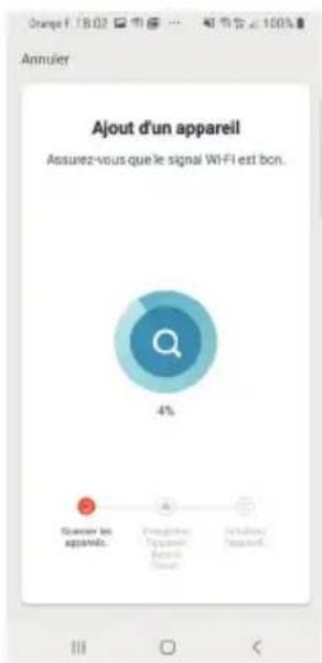 Orange F 18.02 Annulier Ajout d'un appareil Assurez-vous que le signal Wi-Fi est bon. 4% Snienir les appareils... Élargative Supérieurs Environnement Environnement