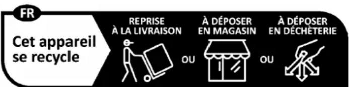 FR Cet appareil se recycle REPRISE À LA LIVRAISON A DÉPOSER EN MAGASIN A DÉPOSER EN DÉCHÉTERIE OU OU