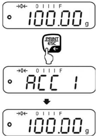 →0← 0 I I I F ○ 100.00 g PRINT ESC →0← 0 I I I F ○ ACC 1 →0← 0 I I I F ○ 100.00 g