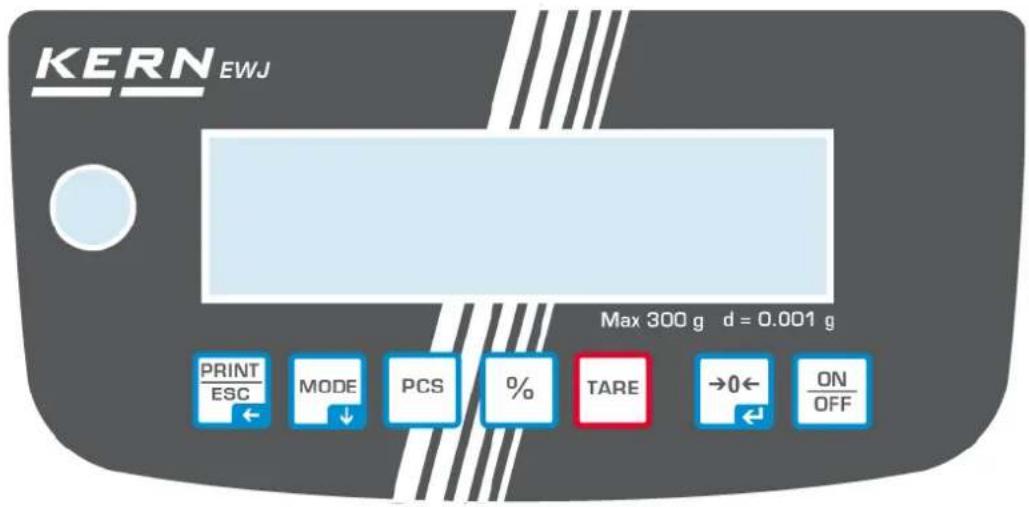 KERN EWJ Max 300 g d = 0.001 g PRINT ESC MODE PCS % TARE →0← ON OFF