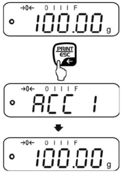→0← 0 I I I F ○ 100.00 g PRINT ESC ← →0← 0 I I I F ○ ACC 1 →0← 0 I I I F ○ 100.00 g