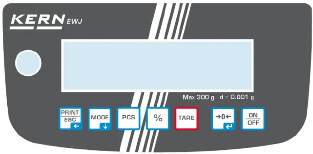 KERN EWJ Max 300 g d = 0.001 g PRINT ESC MODE PCS % TARE →0← ON OFF