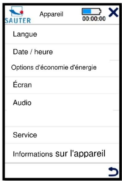 SAUTER Appareil 00:00:00 Langue Date / heure Options d'économie d'énergie Écran Audio Service Informations sur l'appareil