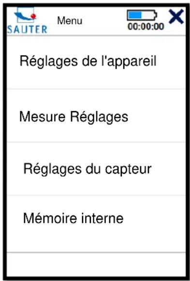 SAUTER Menu 00:00:00 Réglages de l'appareil Mesure Réglages Réglages du capteur Mémoire interne