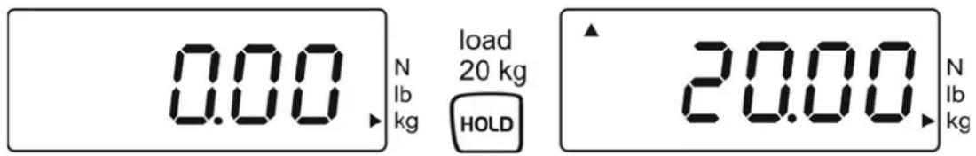 0.00 N lb kg load 20 kg HOLD 20.00 N lb kg