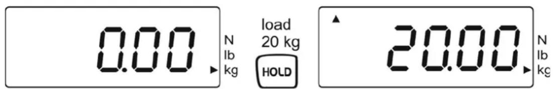 0.00 N lb kg load 20 kg HOLD 20.00 N lb kg