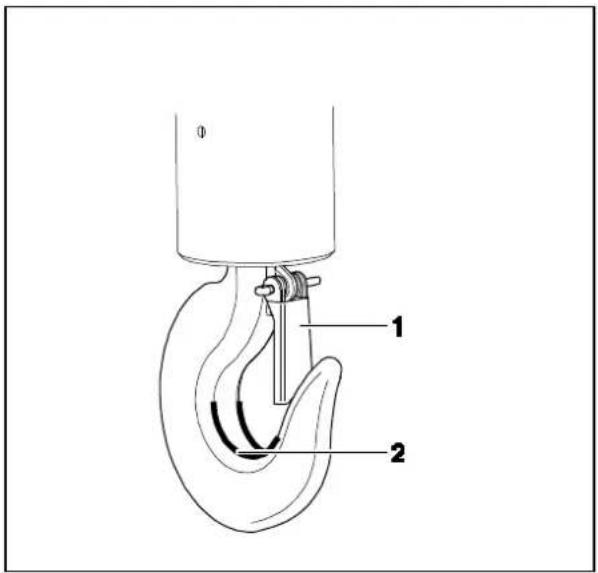 Technical diagram of a hook with labeled parts 1 and 2, likely illustrating a mechanical or electrical component.