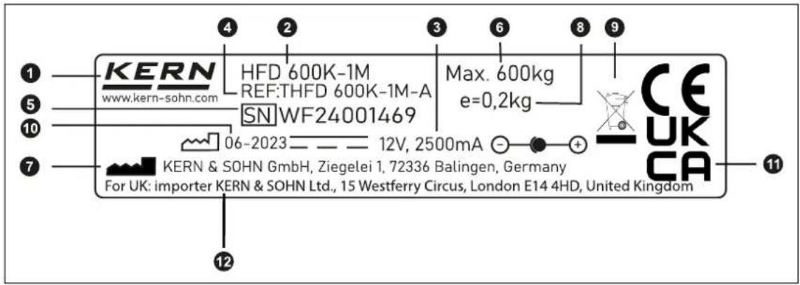 1 5 10 7 12 KERN www.kern-sohn.com HFD 600K-1M REF:THFD 600K-1M-A SN WF24001469 Max. 600kg e=0,2kg 06-2023 —— 12V, 2500mA KERN & SOHN GmbH, Ziegelei 1, 72336 Balingen, Germany For UK: importer KERN & SOHN Ltd., 15 Westferry Circus, London E14 4HD, United Kingdom CE UK CA