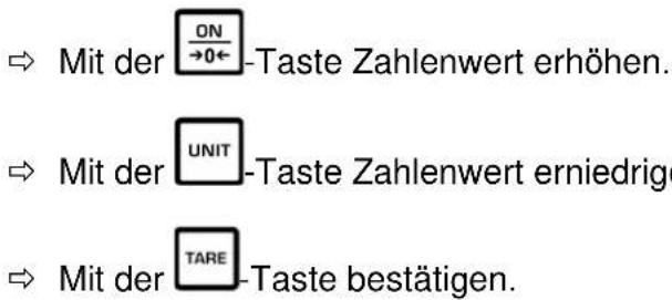 ⇒ Mit der ON→0←-Taste Zahlenwert erhöhen. ⇒ Mit der UNIT-Taste Zahlenwert erniedrige ⇒ Mit der TARE-Taste bestätigen.