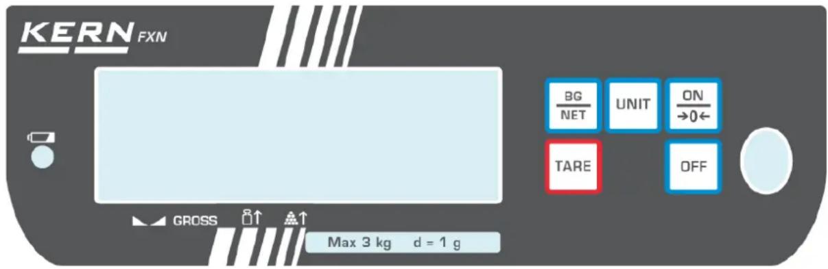 KERN FXN BG NET UNIT ON →0← TARE OFF GROSS ↑ ↑ Max 3 kg d = 1 g