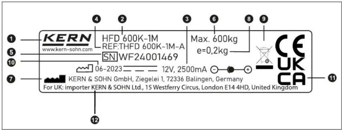 1 5 10 7 KERN www.kern-sohn.com HFD 600K-1M REF:THFD 600K-1M-A SN WF24001469 Max. 600kg e=0,2kg 06-2023 —— 12V, 2500mA KERN & SOHN GmbH, Ziegelei 1, 72336 Balingen, Germany For UK: importer KERN & SOHN Ltd., 15 Westferry Circus, London E14 4HD, United Kingdom 12 4 2 3 6 8 9 CE UK CA 11