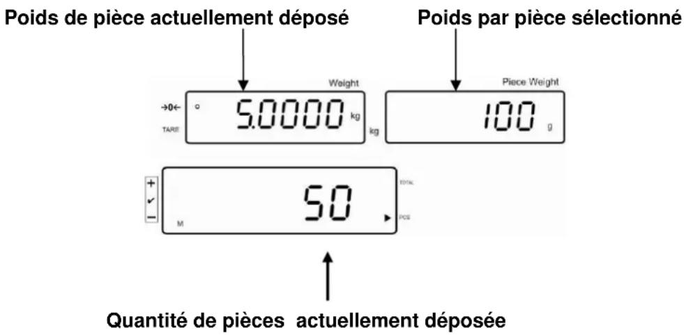 Poids de pièce actuellement déposé Poids par pièce sélectionné →0← TARE Weight 5.0000 kg kg Piece Weight 100 g Quantité de pièces actuellement déposée