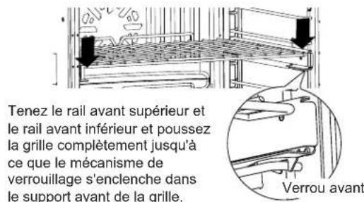 Tenez le rail avant supérieur et le rail avant inférieur et poussez la grille complètement jusqu'à ce que le mécanisme de verrouillage s'enclenche dans le support avant de la grille. Verrou avant