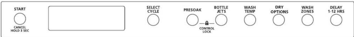 START CANCEL HOLD 3 SEC SELECT CYCLE PRESOAK BOTTLE JETS WASH TEMP DRY OPTIONS WASH ZONES DELAY 1-12 HRS