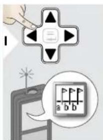 Diagram showing a hand holding a cross-shaped device with control buttons, alongside a smartphone displaying a simple grid layout labeled 'a', 'b', 'c'.