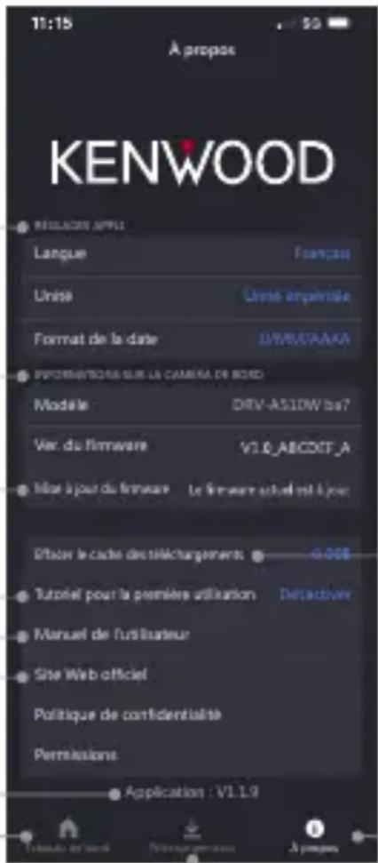 KENWOOD DRV-A510W - RÉGLAGES DE L'APPLICATION ET INFORMATIONS UTILES (PAGE À PROPOS) - 1