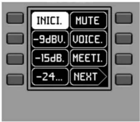 INICI. MUTE -9dBV. VOICE. -15dB. MEETI. -24... NEXT