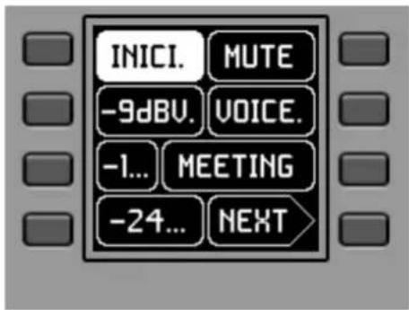 INICI. MUTE -9dBV. VOICE. -1... MEETING -24... NEXT