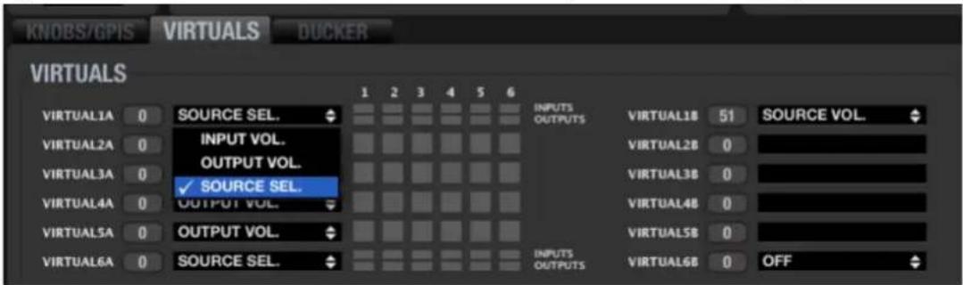 KNOBS/GPIS VIRTUALS DUCKER VIRUALS 1 2 3 4 5 6 VIRUAL1A 0 SOURCE SEL. INPUTS VIRTUAL18 51 SOURCE VOL. VIRUAL2A 0 INPUT VOL. VIRTUAL2B 0 VIRUAL3A 0 OUTPUT VOL. VIRTUAL3B 0 VIRUAL4A 0 SOURCE SEL. VIRTUAL4B 0 VIRUAL5A 0 OUTPUT VOL. VIRTUAL5B 0 VIRUAL6A 0 SOURCE SEL. INPUTS VIRTUAL6B 0 OFF