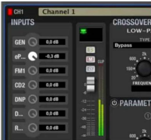 CH1 Channel 1 INPUTS GEN 0,0 dB eP... -0,3 dB FM1 0,0 dB CD2 0,0 dB DNP 0,0 dB D... 0,0 dB R... 0,0 dB CROSSOVER LOW-P TYPE Bypass 2k 600 150* 20° FREQUENCY PARAMET ①