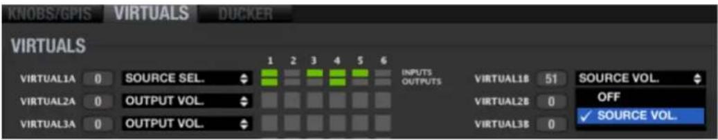 KNOBS/GPIS VIRTUALS DUCKER VIRTUALS VIRTUAL1A 0 SOURCE SEL. 1 2 3 4 5 6 INPUTS OUTPUTS VIRTUAL1B 51 SOURCE VOL. VIRTUAL2A 0 OUTPUT VOL. 0 VIRTUAL2B 0 OFF VIRTUAL3A 0 OUTPUT VOL. 0 VIRTUAL3B 0 SOURCE VOL.
