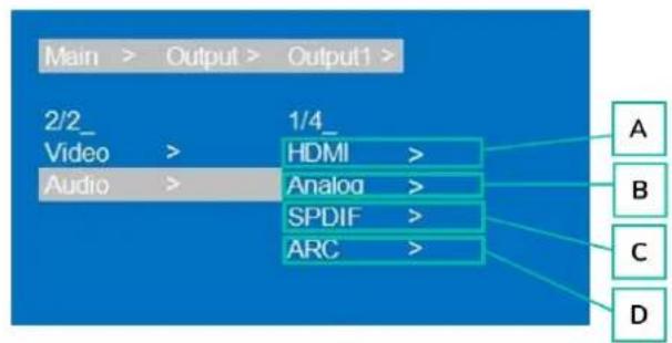 Main > Output > Output1 > 2/2_ Video > 1/4_ Audio > HDMI > Analog > SPDIF > ARC >