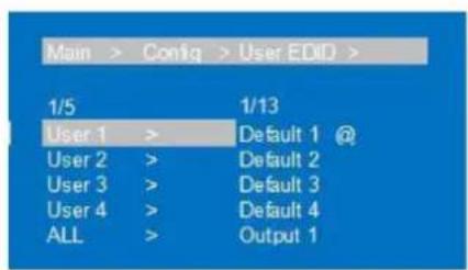 Main > Config > User EDID > 1/5 User 1 > Default 1 @ User 2 > Default 2 User 3 > Default 3 User 4 > Default 4 ALL > Output 1