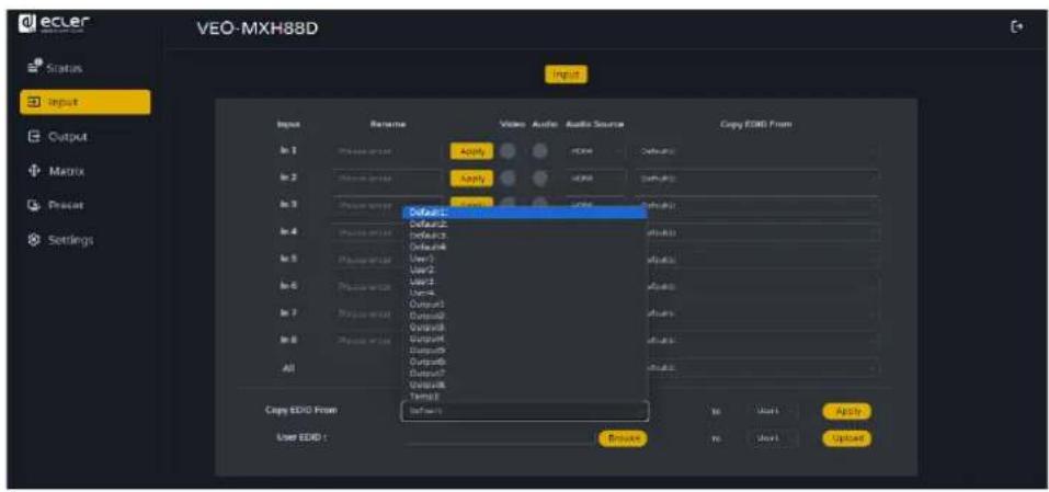 ecuer Status Input Output Matrix Reset Settings VEO-MXH88D Input Input Response Video Audio Audio Source Copy EDDG From In 1 Apply In 2 Apply In 3 Default: Default: Default: Default: User 1 User 2 User 3 User 4 Output1 Output2 Output3 Output4 Output5 Output6 Output7 Output8 Temp 9 User 0 Browse In 1 Apply In 2 Option