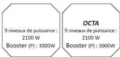 9 niveaux de puissance : 2100 W Booster (P) : 3000W OCTA 9 niveaux de puissance : 2100 W Booster (P) : 3000W