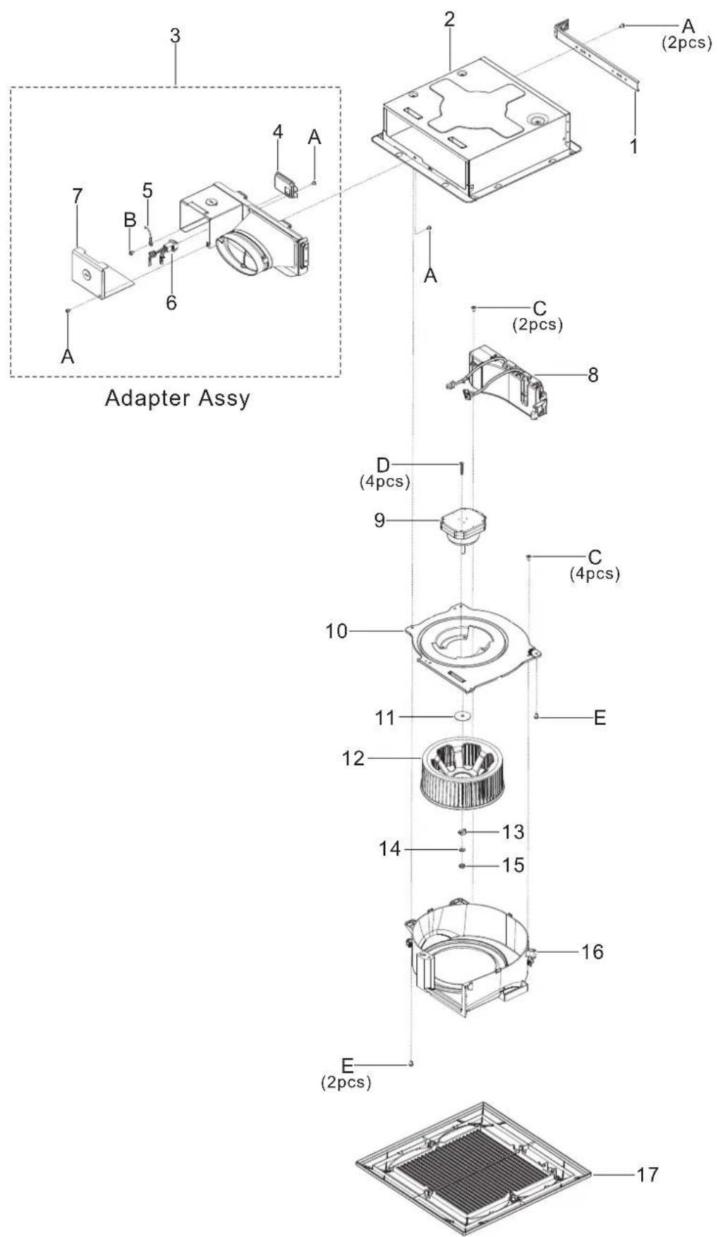 Adapter Assy 3 2 A (2pcs) 1 4 7 5 B 6 A C (2pcs) 8 D (4pcs) 9 C (4pcs) 10 E 11 12 13 14 15 16 E (2pcs) 17