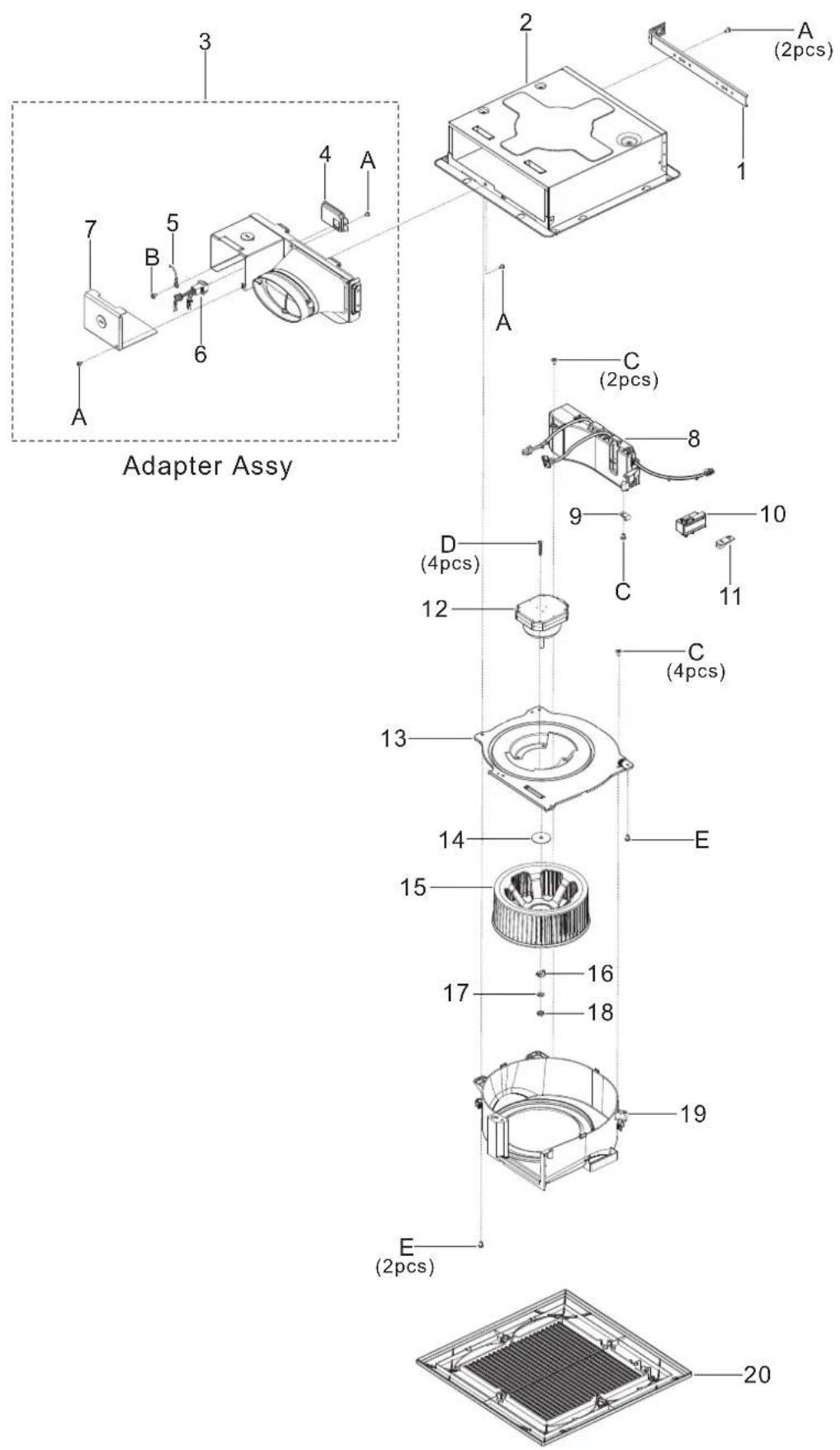 Adapter Assy 3 2 A (2pcs) 1 4 7 5 B 6 A C (2pcs) 8 9 10 D (4pcs) C (4pcs) 11 12 13 14 E 15 16 17 18 19 E (2pcs) 20