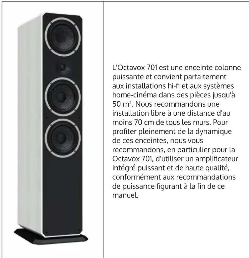 L'Octavox 701 est une enceinte colonne puissante et convient parfaitement aux installations hi-fi et aux systèmes home-cinéma dans des pièces jusqu'à 50 m². Nous recommandons une installation libre à une distance d'au moins 70 cm de tous les murs. Pour profiter pleinement de la dynamique de ces ence…