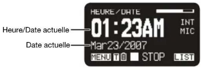 HEURE/DATE 01:23AM INT MIC Heure/Date actuelle —— Date actuelle —— Mar23/2007 MENU TO ■ STOP LIST