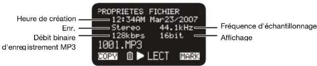 PROPRIETES FICHIER 12:34AM Mar23/2007 Stereo 44.1kHz 128kbps 16bit 1001.MP3 COPY LECT MARK Heure de création Enr. Débit binaire d'enregistrement MP3 Fréquence d'échantillonnage Affichage